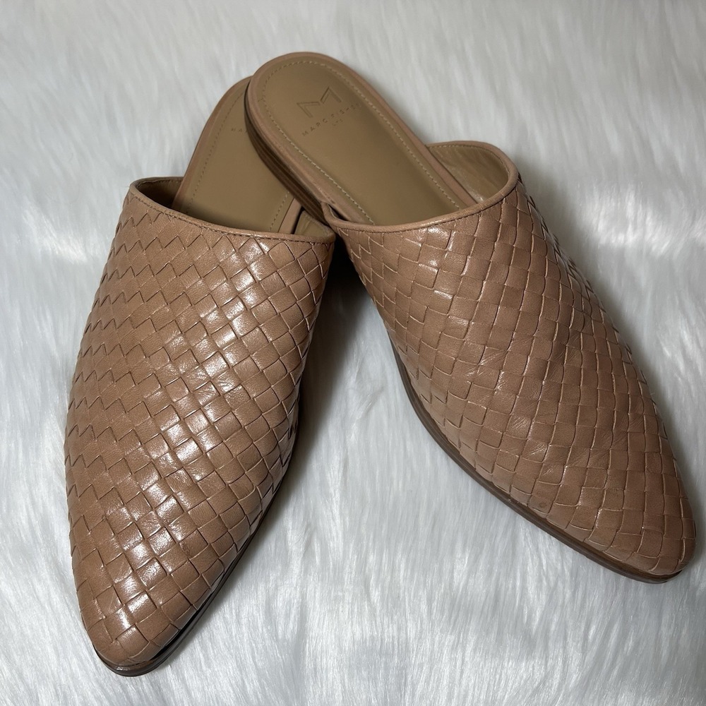 Marc Fisher Leather Woven Slide Mules 8.5M Pointed Toe Neutral Garren Beige